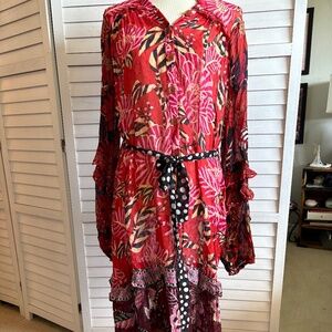 Farm Rio Mixed Floral Long-Sleeve Dress/Red/Pink/Magenta Ruffles and Tiers
